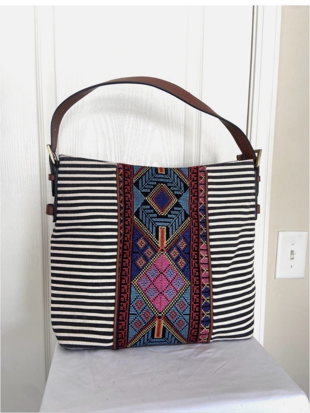 Striped Canvas Shoulder Bag with Colorful Embroidered Panel 15 by 13 by 6